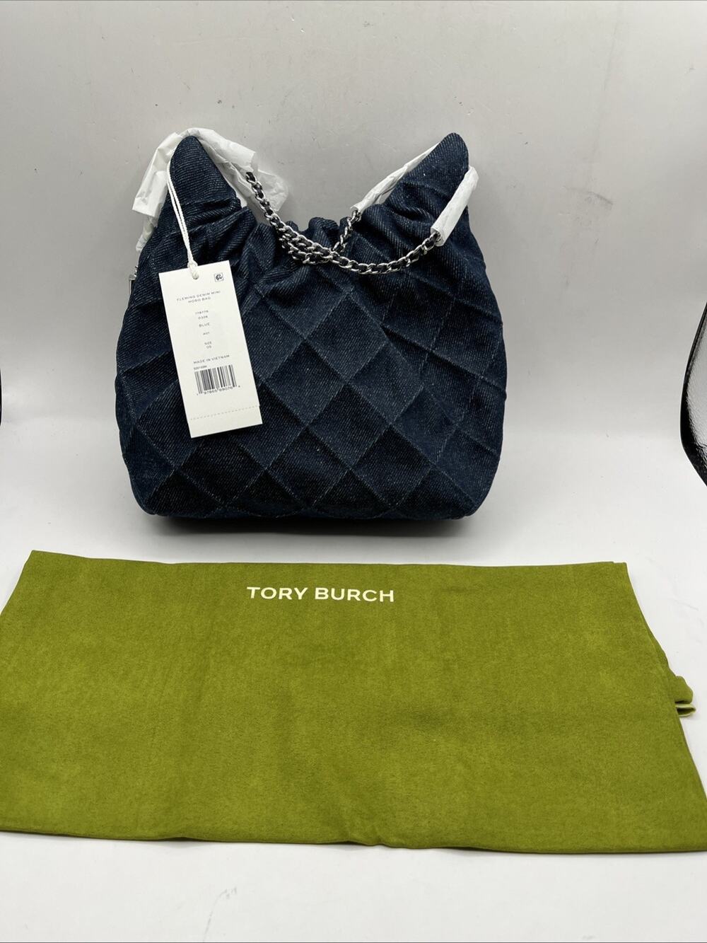 Tory Burch Fleming Blue Denim Small Hobo Tote Shoulder Crossbody Handbag Purse